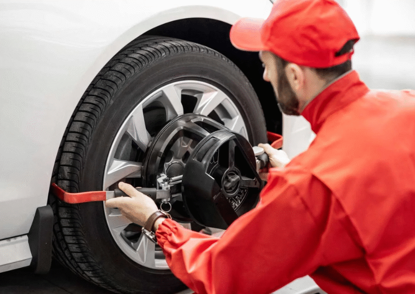 auto-mechanics-making-wheel-alignment-at-the-car auto-mechanics-making-wheel-alignment-at-the-car